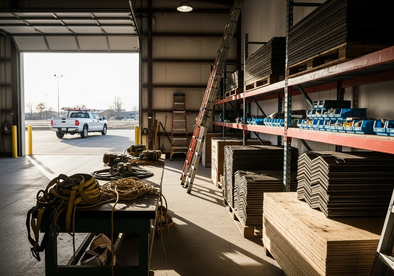Roofing crew and equipment staged for commercial or residential project work.