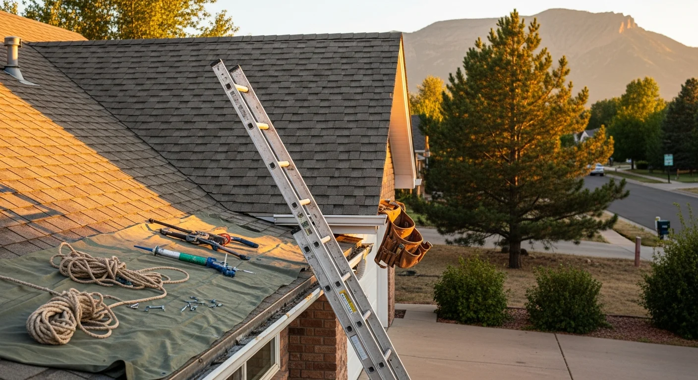 Roofer installing shingles on residential home roof