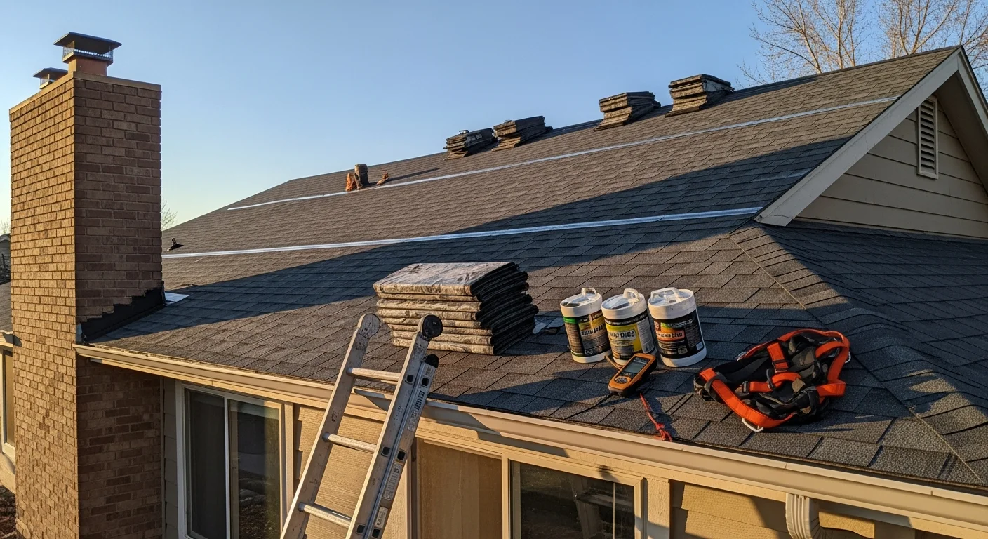 Roofer inspecting storm damage on commercial building