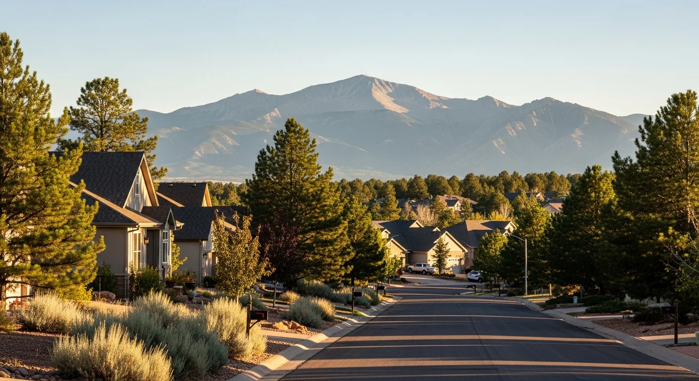 Colorado Springs residential neighborhood with mountain views in the distance and well-maintained homes along a tree-lined street.