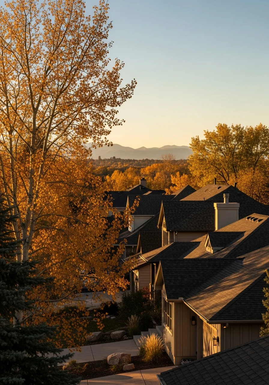 Denver residential street with modern and traditional homes, tree coverage, and clear mountain backdrop.