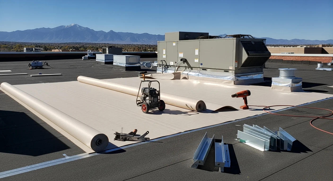 A completed commercial flat roof installation on a multi-unit building in Colorado Springs, CO, showing clean membrane seams and flashed rooftop HVAC units against a clear high-altitude sky. The finished roof surface is smooth and even, with proper drainage slope visible across the low-slope field.