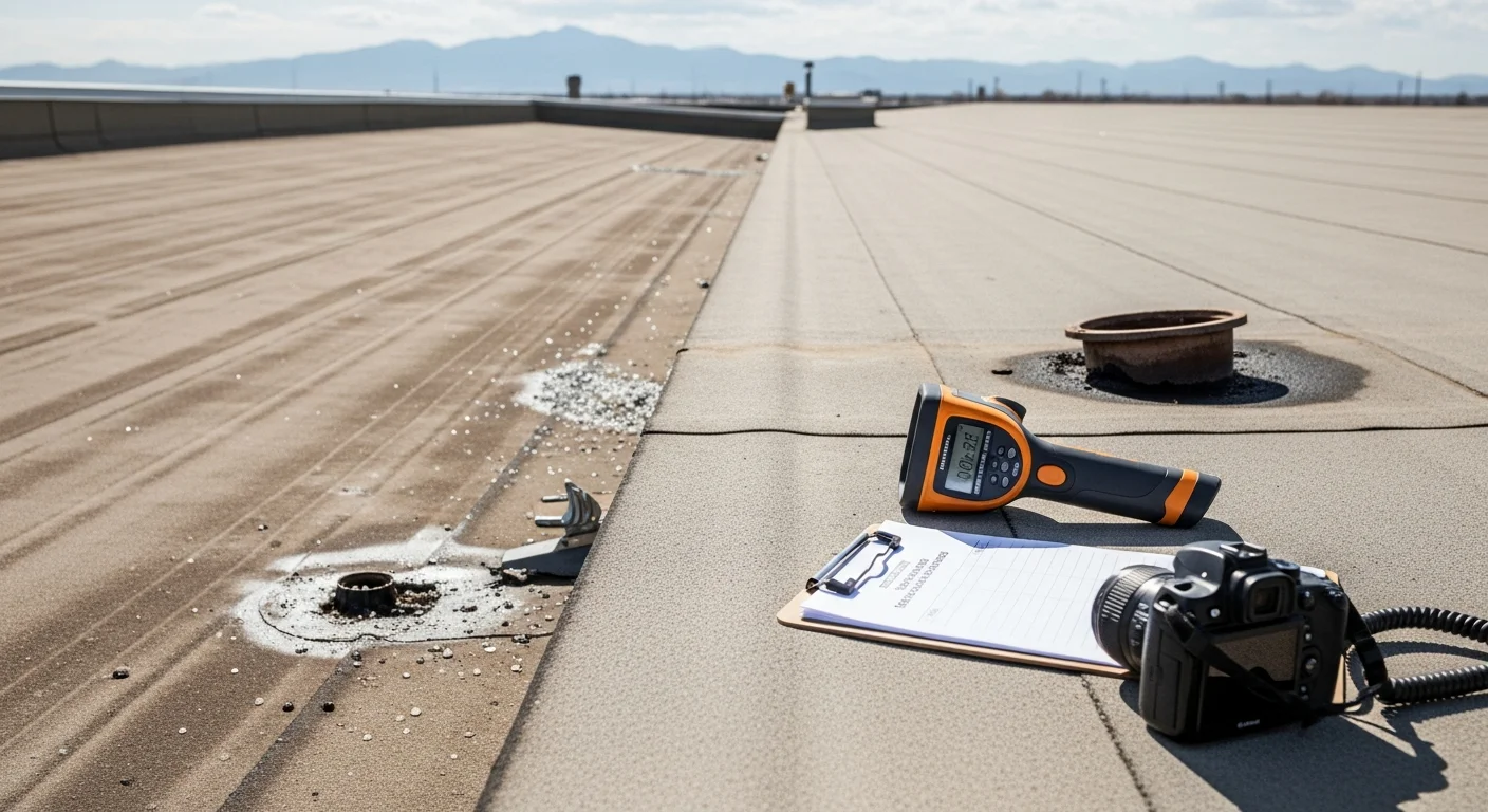 A commercial flat roof in Colorado Springs, CO being inspected by a roofing technician checking membrane seams and drain condition. The Rocky Mountains are visible in the background under a partly cloudy sky.