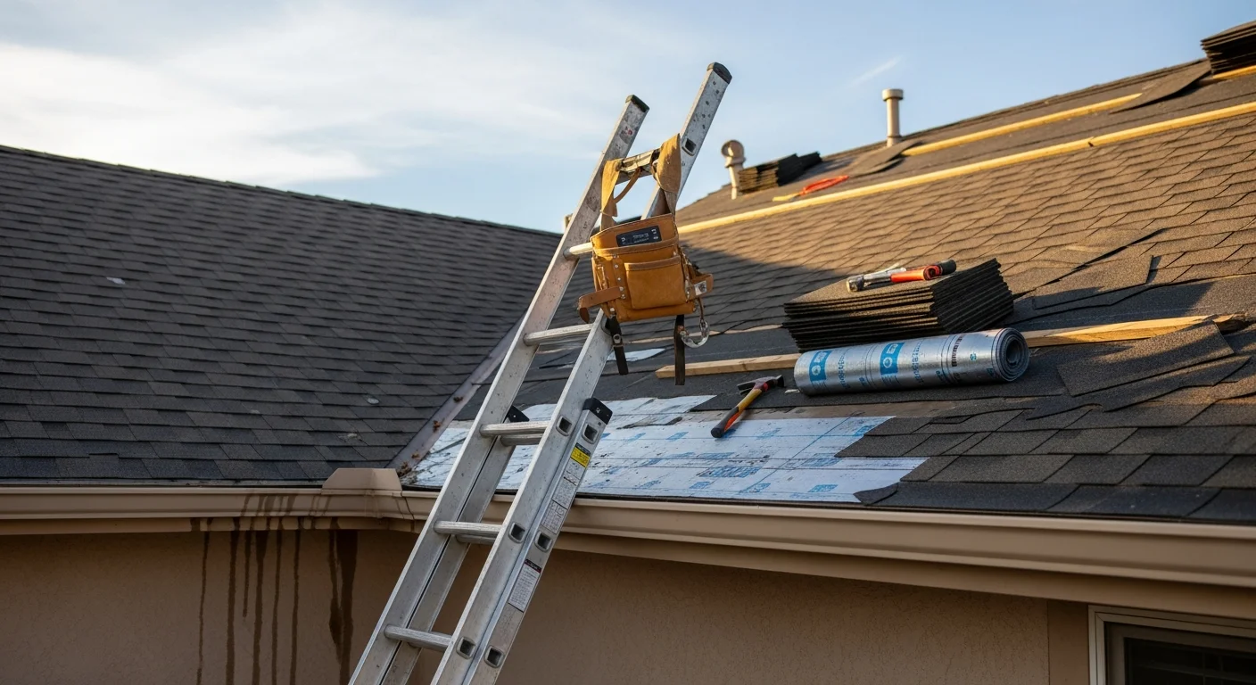 A Colorado Springs residential roof with visible hail impact damage, including missing shingles and exposed decking, being inspected by a J&J Roofing contractor. Close-up view shows granule loss and cracked flashing along the roof edge.