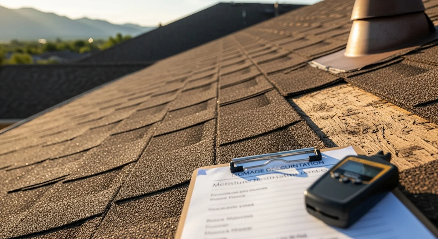 A J&J Roofing contractor inspecting hail and water damage on a residential roof in Colorado Springs, CO. Close-up view of bruised shingles and damaged flashing with the Front Range visible in the background.