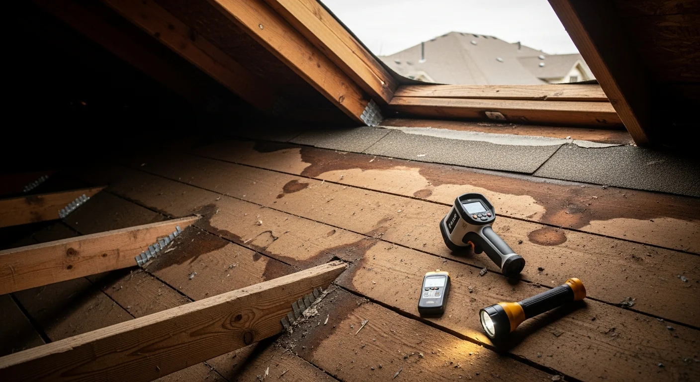 A J&J Roofing technician inspecting flashing and shingle edges on a residential roof in Colorado Springs, CO. Close-up view shows signs of water intrusion near a roof penetration point with Pikes Peak visible in the background.