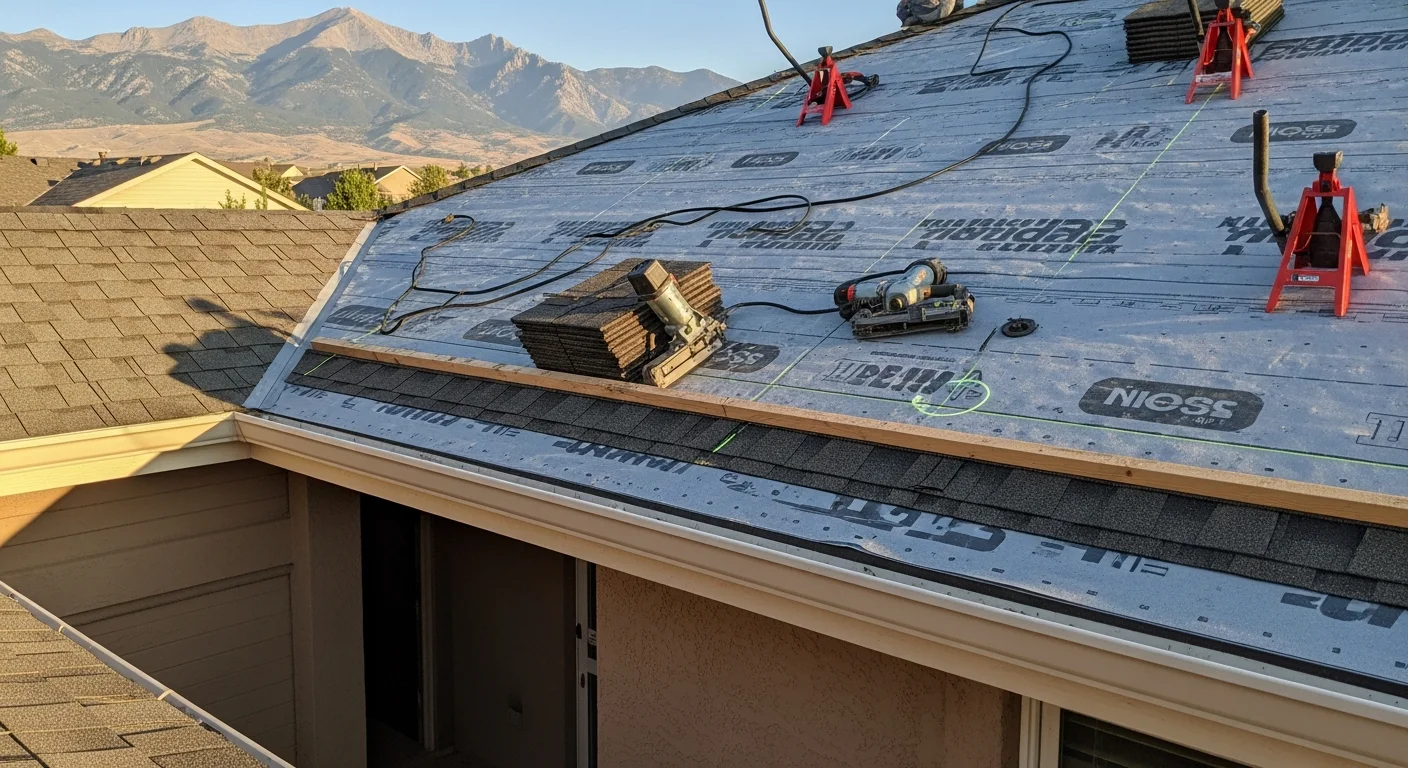 A completed residential roof installation on a single-family home in Colorado Springs, CO, showing new shingles, drip edge, and valley flashing against a backdrop of the Front Range. Close view of the finished roof deck with uniform shingle alignment and properly installed ridge line.