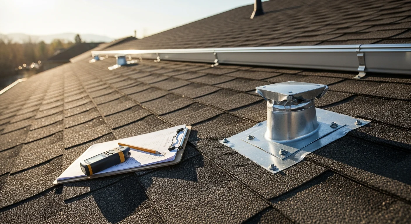 A J&J Roofing technician inspecting shingles and flashing on a residential roof in Colorado Springs, CO, with the Front Range visible in the background. Close-up view shows a maintenance check of roof valleys and gutter line on a single-family home.