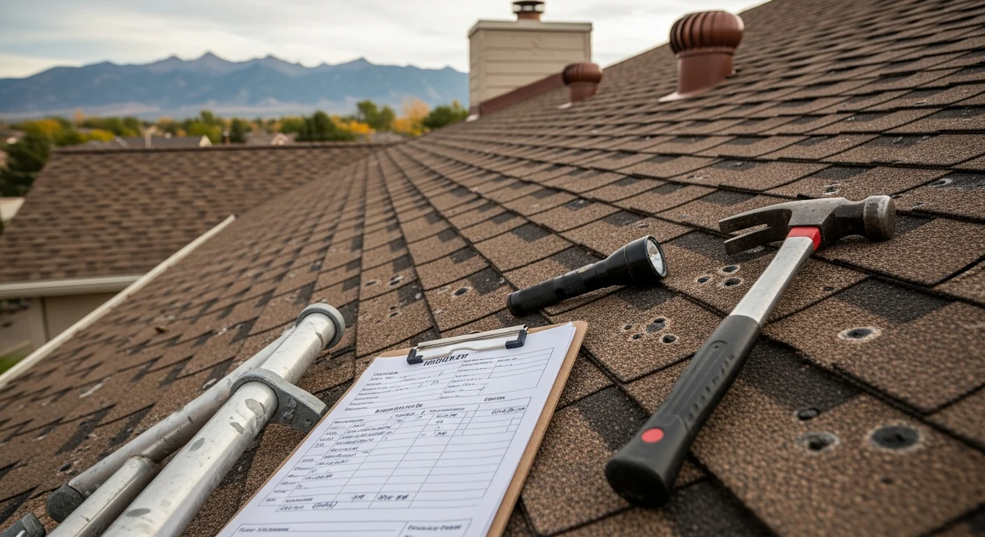 A J&J Roofing crew member inspecting shingles and flashing on a residential roof in Colorado Springs, CO. The image shows a close-up review of storm-worn roofing components with the Front Range visible in the background.