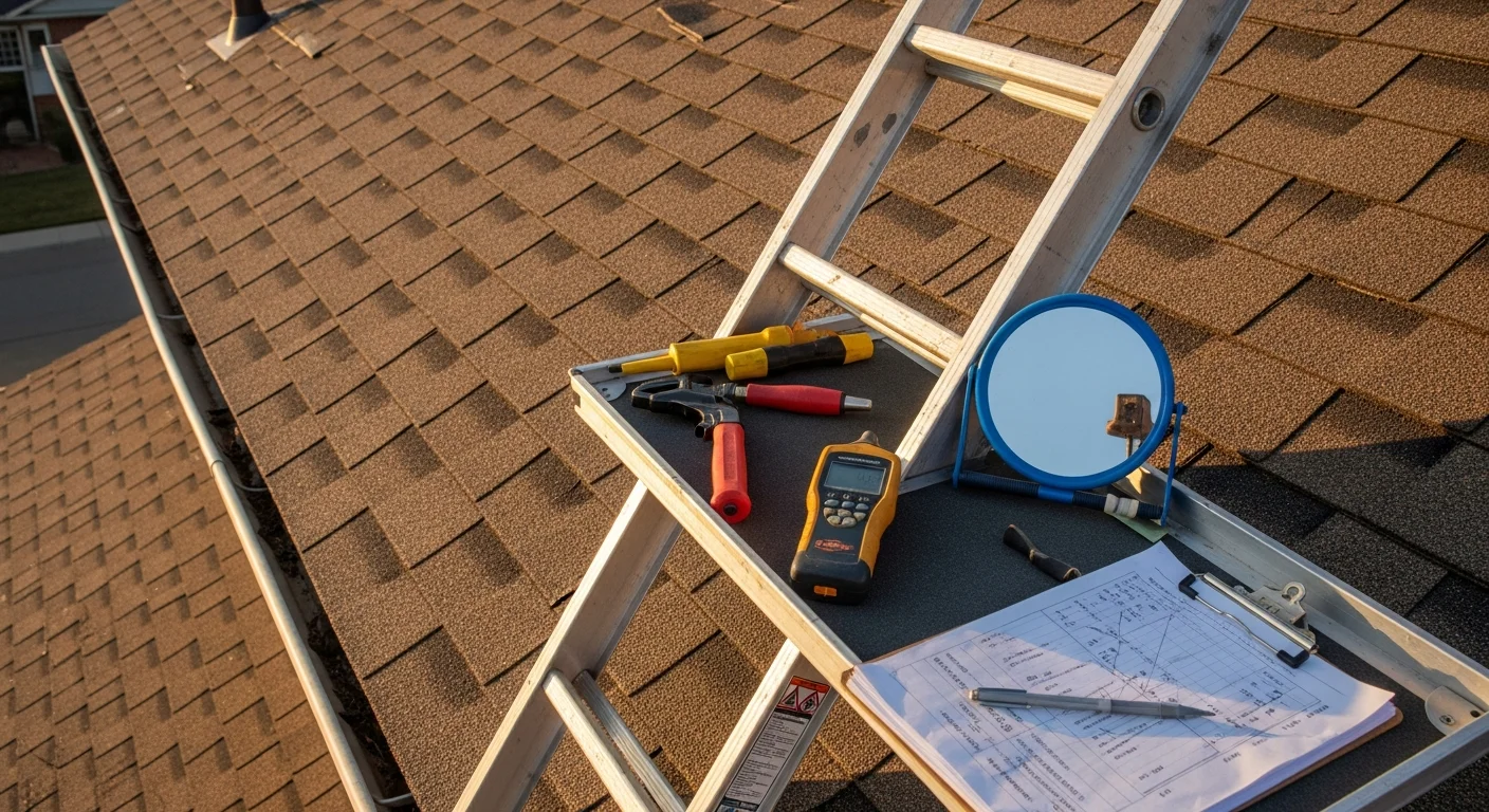 A J&J Roofing inspector examining shingles and flashing on a residential roof in Colorado Springs, CO. Close-up view shows the inspector checking ridge line and vent condition under clear Colorado sky.