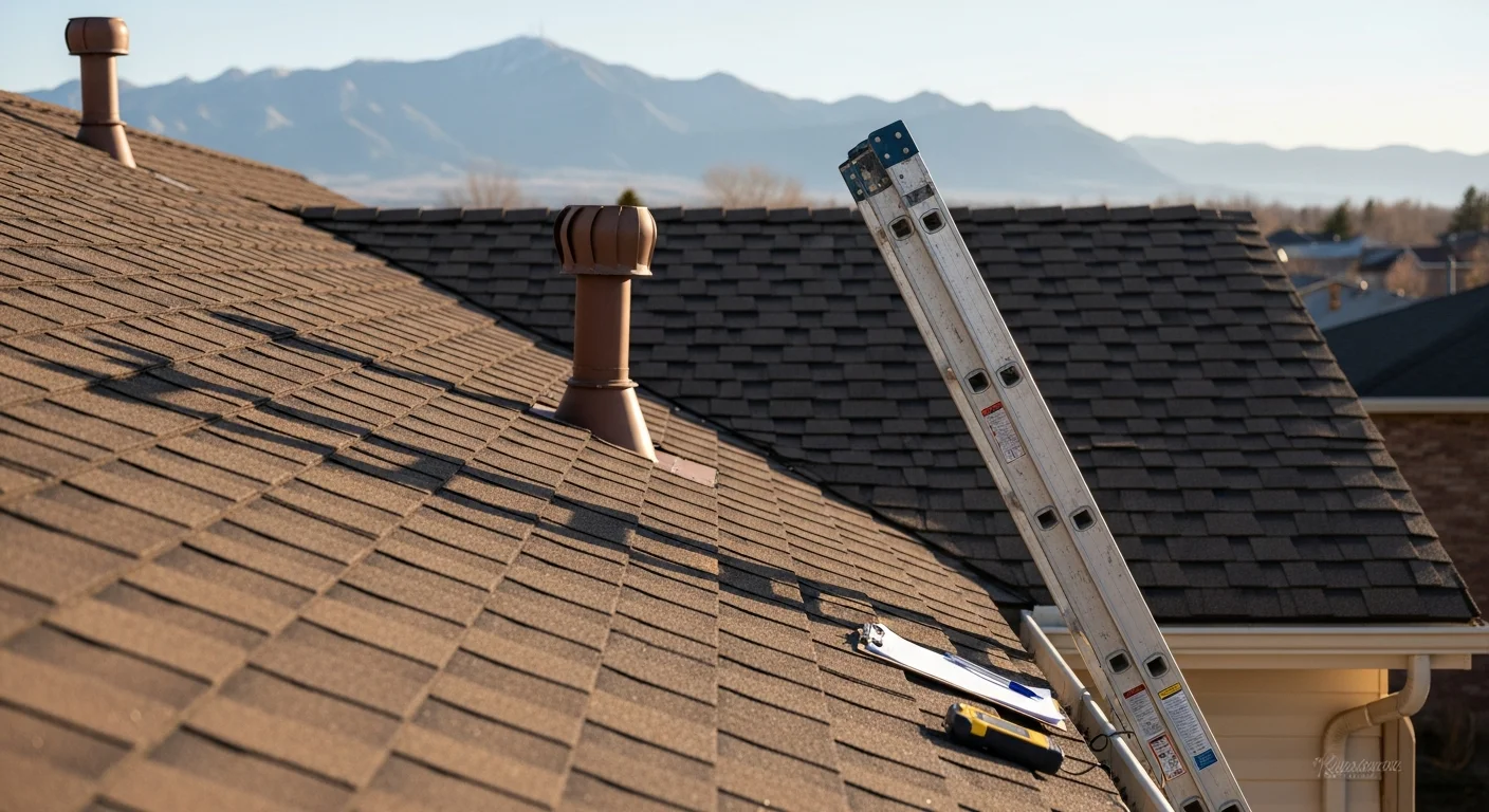 A J&J Roofing technician inspecting shingles and flashing on a residential roof in Colorado Springs, CO. Close-up view shows granule condition and ridge line detail against a clear high-altitude sky.
