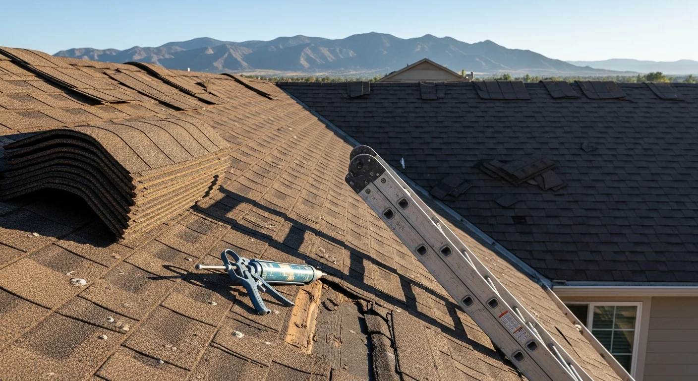 A Colorado Springs residential roof after hail damage repair, showing replaced shingles and resealed flashing on a pitched roof with the Front Range visible in the background. J&J Roofing completed the repair on a single-story home in Colorado Springs, CO.