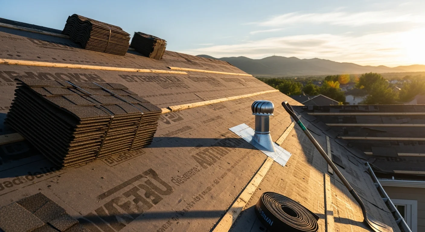 A completed residential roof replacement on a single-family home in Colorado Springs, CO, showing new architectural shingles, clean ridge line, and updated flashing against a backdrop of the Front Range foothills. J&J Roofing crew members are visible completing final installation details on the slope.