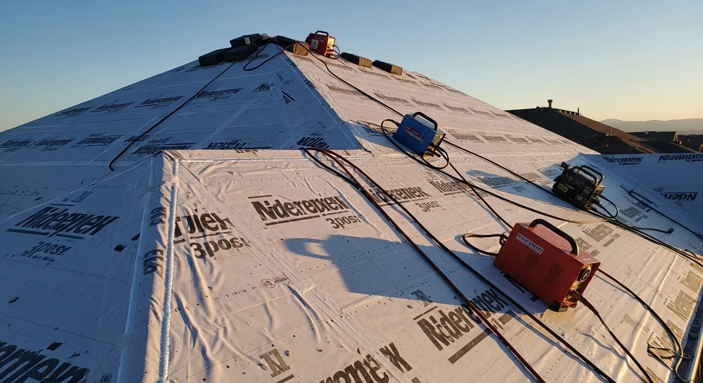 A Colorado Springs residential roof covered with tightly heat-shrunk protective wrap after hail storm damage. The white membrane conforms to the full roof surface, sealing it against rain and wind.