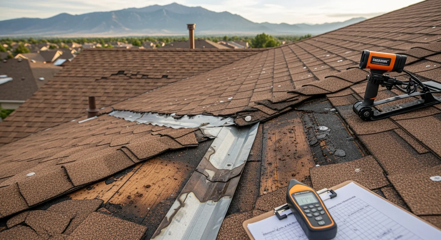 A Colorado Springs residential roof showing hail impact damage to asphalt shingles and displaced granules collected in the gutter below. A J&J Roofing technician inspects the ridge line and flashing after a Front Range storm.