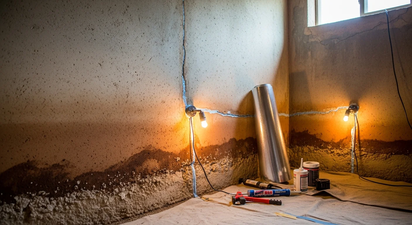 A Colorado Springs home foundation wall after waterproofing treatment, showing sealed cracks and a dry concrete surface. The exterior drainage area is clear with no standing water visible along the base of the structure.